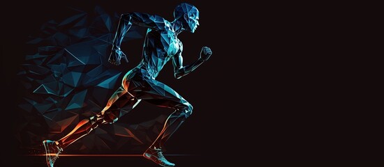 Body of man runner made of polygons jogging over dark blue background. Concept of hi tech in sport. Toned image mock up. copy space for text by ai generative