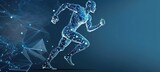 Fototapeta Sport - Body of man runner made of polygons jogging over dark blue background. Concept of hi tech in sport. Toned image mock up. copy space for text by ai generative