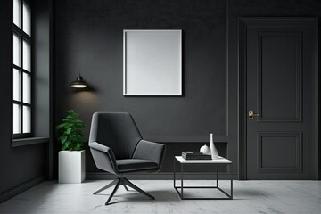 Wall Mural - Against the sleek black chair, the wall is a sophisticated dark gray. Fashionable interior with a modern chair as a backdrop, blank copy area. Generative AI
