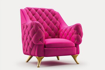 Sticker - Isolated on white, a traditional modern armchair in pink with wooden legs and a quilted back. Baby's chair is a vivacious fuchsia. Chair, piece of furniture, ornamental accent for the home. Piece of f