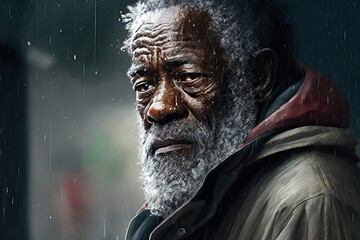 Portrait, black afro-american old man, with beard and sad face, Ai Generative.