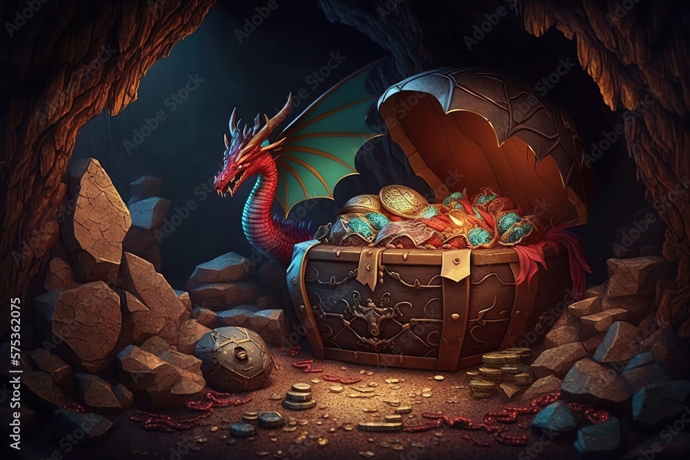 Cave with dragon and treasure, piles of gold coins, jewelry and gem. Ai ...