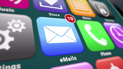 Video animation of a smartphone screen. In focus a mail app with notifications. Moving background.