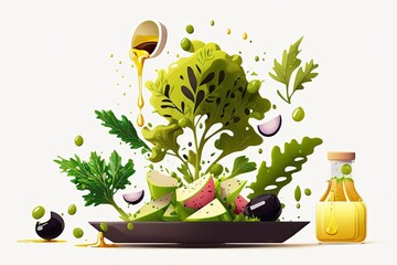 Sticker - Assembling a salad with olive oil to drizzle. Generative AI