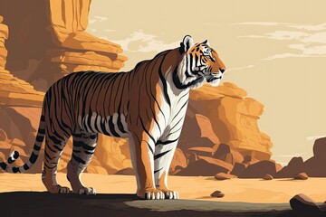 Wall Mural - Tiger in its natural habitat looks great. Do the tiger position when the sun is at its brightest. Dangerous animal in the wild. India's summers can get quite warm. In a dry region, you can see a stunn