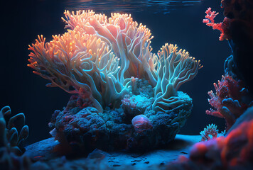 Wall Mural - neon illuminated coral reef in the ocean, generative ai