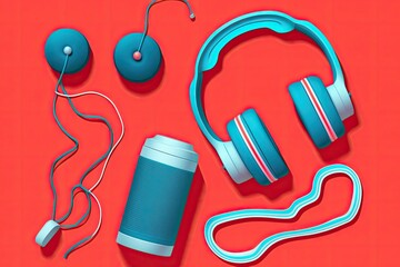 Sticker - Workout gear including dumbbells, smart bracelet, headphones, sneakers, and jump rope, set against a coral background. This is a minimalistic take on the idea of playing sports. First rate perspective