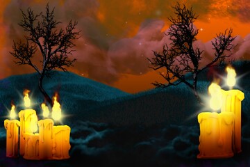 Halloween multi colored horror dark mockup - set of candles on the left and two candles on right, celebration concept - background design template 3D illustration