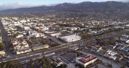 Wall Mural - Santa Barbara Cityscape and Highway in California. USA. Morning, Sunset Time. Drone