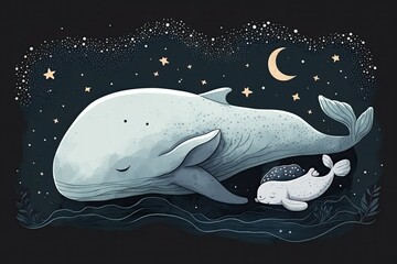 Wall Mural - Cute cartoonish bear cub dozing off on a whale in the night sky. Generative AI