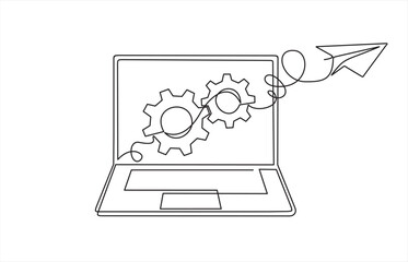Paper plane flying up connected with gears on screen laptop  in one continuous line drawing. Airplane in outline style. SEO optimization. illustration web analytics design