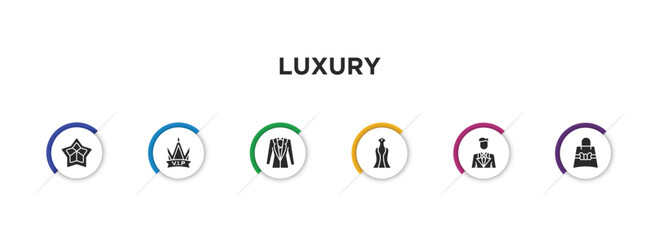 Wall Mural - luxury filled icons with infographic template. glyph icons such as stars, vip, vest suit, luxury dress, business man, gift bag vector.