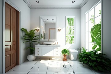 Wall Mural - Restrooms in the latest tropical themed design and style. Light from windows illuminates the white tile walls, marble floor, and wooden sink counter. Generative AI