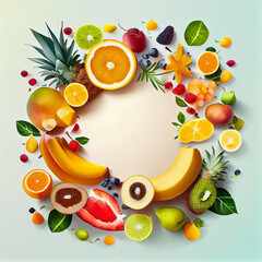 Wall Mural - Tropical fruits frame with blank space to write a text with generative ai technology