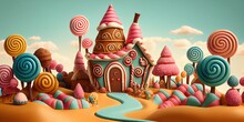 Generative AI Illustration Of A Sweet And Magical World With Candy Land Landscape And Gingerbread Fantasy House