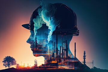 Generative AI illustration of a double exposure worker head, an oil, gas, and petrochemical refinery facility demonstrates the future of electricity and the engineer