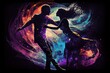 Generative AI illustration of an enchanting image of two lovers dancing in a magical space background