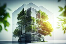 Generative AI Illustration Of Eco Friendly Construction In A Contemporary Metropolis. A Sustainable Glass Building With Green Tree Branches And Leaves For Lowering Heat And Carbon Dioxide.