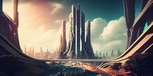 Generative AI illustration of fantasy futuristic city with highways and skyscrapers, cyber city