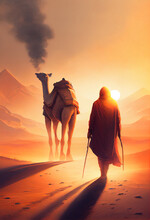 Camel Caravan Goes To Meet The Sun In The Desert. AI Generated