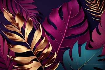  Generative AI illustration of Golden tropical leaves on a dark magenta and blue background, abstract luxury modern tropical background, dark red neon