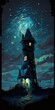crumbling wizard's tower in a grassy field under a swirling night sky Generative AI