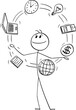 Businessman Juggling, Time Management and Multitasking , Vector Cartoon Stick Figure Illustration