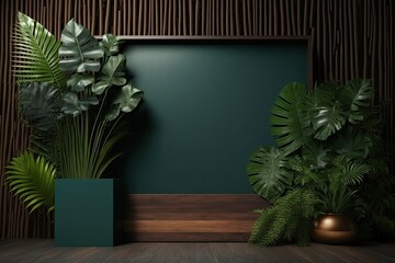 Poster - Green wall and podium made of wood in a tropical setting. Generative AI