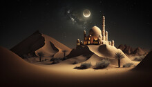 Mosque Night View, Sand And Calm Atmosphere Mountain, Generate AI