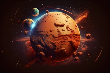 Wall Mural - illustration of the planet mars in orbit with a satellite. generative ai