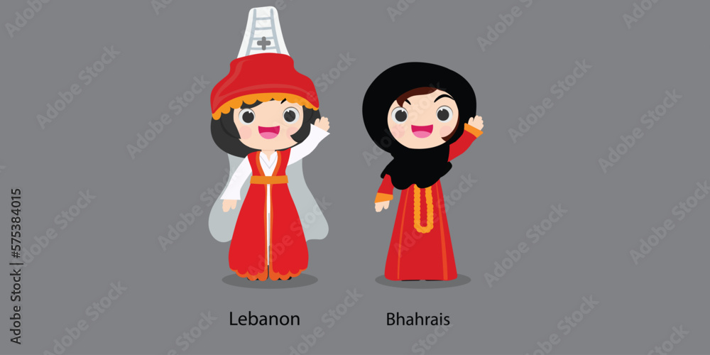 Lebanon in national dress with a flag. woman in traditional costume. Travel to Bhahrais. People. Vector flat illustration. Stock Vector | Adobe Stock Lebanon in national dress with a flag. woman in traditional costume. Travel to Bhahrais. People. Vector flat illustration. Stock Vector | Adobe Stock