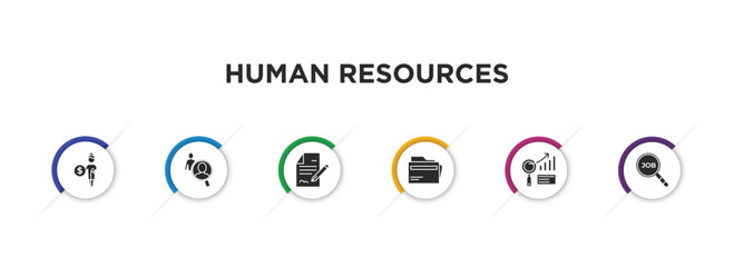 Sticker - human resources filled icons with infographic template. glyph icons such as pension, human resources, contract, files, analysis, job search vector.