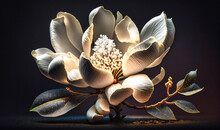 A White Magnolia Blossom, Its Soft Petals And Intricate Center Creating A Stunning Display On A Black Backdrop