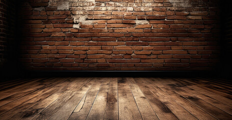 Poster - Rustic wooden floor against a brick wall - Generative AI