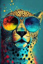 Cheetah Sunglasses, Psychedelic Illustration. Generative AI