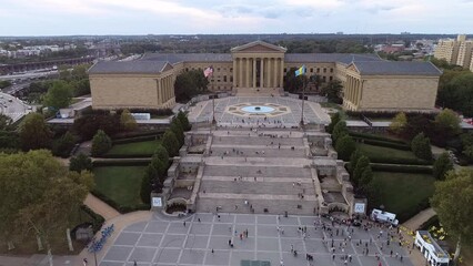 Sticker - Philadelphia Museum of Art and Rocky Steps. Pennsylvania. People Dancing in Foreground