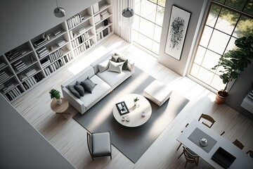 Canvas Print - Wide aerial shot shows a light and airy living room furnished with a sofa, armchair, coffee table, carpet, bookshelves, and a table and chairs. The minimalist aesthetic is central to contemporary art