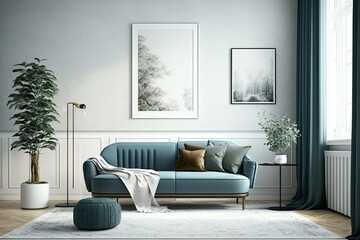 Wall Mural - A brown sofa, a blue commode, a coffee table, a mock up poster frame, some decorations, a carpet, and some personal accessories create a harmonious living room interior design. Elegant furnishings and