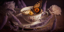Rustic Vintage Scene With Herbal Aromatic Lavender Tea And A Large Curious Moth. Created With Generative AI. 