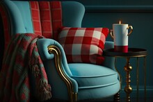 Place A White Mug And A Lit Candle On The Plaid, Painted Ancient Barrel Resting Next To The Light Blue Modern Reclining Armchair. Within The Walls Of A Private Residence. Generative AI