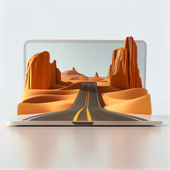 3d illustration of road coming out of laptop, realistic road in laptop. online shopping creative ads, mockup design isolated with white background. 