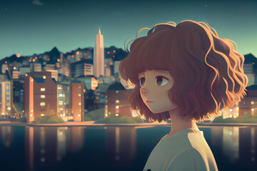 anime girl looking at the city. Generative AI