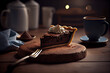 Pie chocolate cake on a wooden table. Created with Generative AI technology