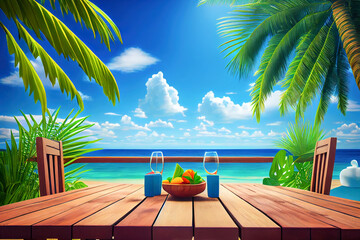 summer view of the blue sky and palm trees and two wine glasses. Generative AI