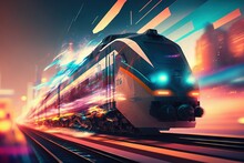 Futuristic Train On High Speed In The Future City Blurred Motion Creative Light Trails Generative Art Generative AI