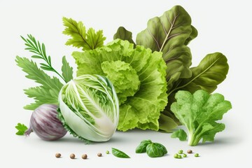 Wall Mural - Fresh green lettuce salad with other vegetables, a white background. Generative AI