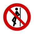 No leaning against. Vector illustration of red crossed out circular prohibited sign with man leaning backwards against wall. Object overbalancing symbol. Risk of falling. Loss of balance.