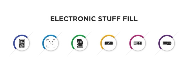 Wall Mural - electronic stuff fill filled icons with infographic template. glyph icons such as portable music player, camera screen, memory card, low battery, charging battery, battery almost full vector.