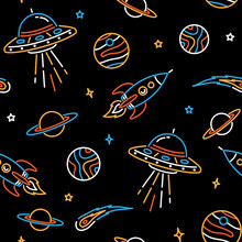 Hand-drawn Space Elements Seamless Pattern. Space Background. Space Doodle Illustration. Vector Illustration. Seamless Pattern With Cartoon Space Rockets, Planets, And Stars.