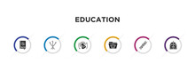 Education Filled Icons With Infographic Template. Glyph Icons Such As Maths, Three Musketeers, Photosynthesis, Folder, Dna, Law Vector.